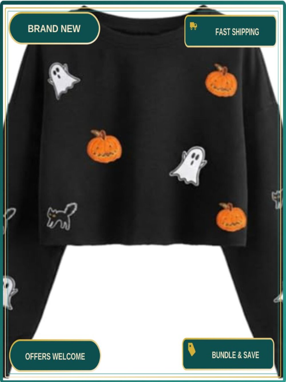 Womens Halloween Crop Sweatshirt Cotton Blend Spooky Pumpkin Pullover